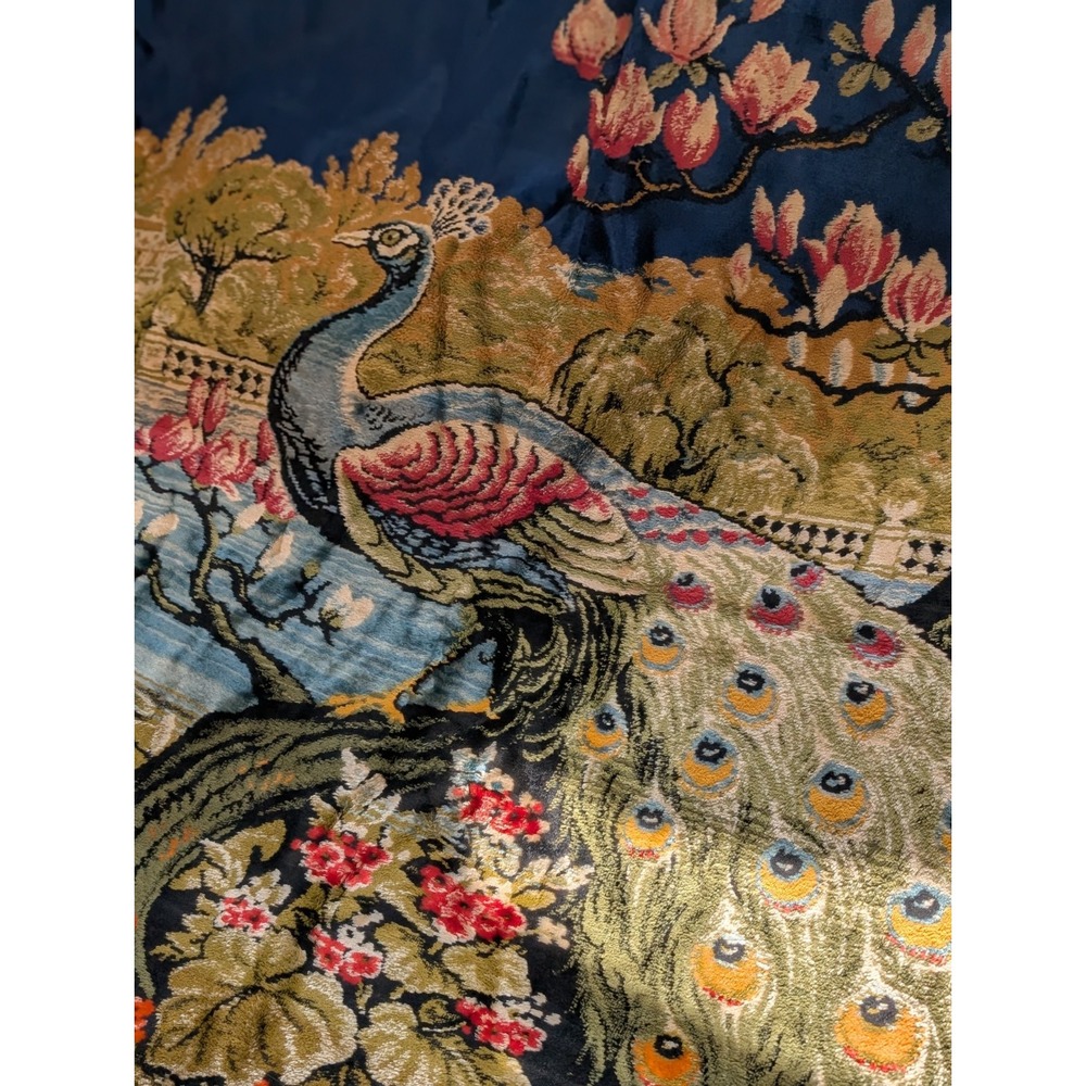 Velvet Peacock Tapestry Large 6x4 Wall Hanging Fringe Boho Cottagecore Vintage